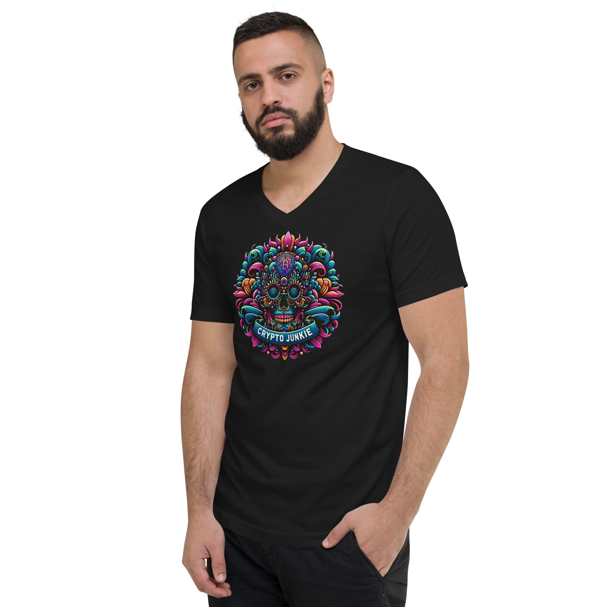 Crypto Junkie Mexican Sugar Skull Bitcoin Digital Asset Short Sleeve V-Neck T-Shirt