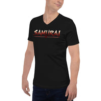 Samurai Wordmark design on unisex V-neck shirt, left-front view