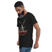 Splash Katana Swords design on unisex V-neck shirt, left-front view