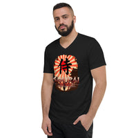 Samurai Honor the Sword design on unisex V-neck shirt, left-front view
