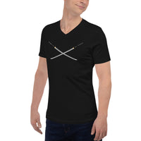 Dual Samurai Swords design on unisex V-neck shirt, left-front view