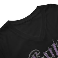 Purple Goth Mom Bat design on unisex V-neck shirt, detail view