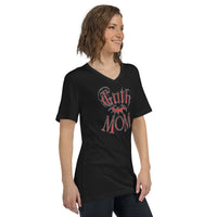 Red Goth Mom Bat design on unisex V-neck shirt, right-front view