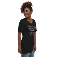 Purple Goth Mom Bat design on unisex V-neck shirt, right-front view