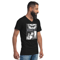 Anime Eyes Japanese Manga design on unisex V-neck shirt, right-front view