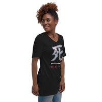 Death Kanji 死 Bloody Sword design on unisex V-neck shirt, right-front view