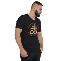 Withered Leviathan Cross design on unisex V-neck shirt, right-front view