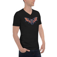 Whimsical Vampire Bat Skeleton design on unisex V-neck shirt, right-front view