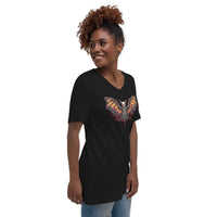 Vampire Bat Skeleton design on unisex V-neck shirt, right-front view