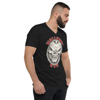 Grinning Skull Pumpkin design on unisex V-neck shirt, right-front view