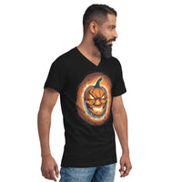 Fire Jack O' Lantern design on unisex V-neck shirt, right-front view