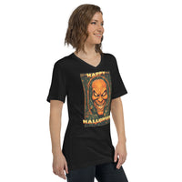 Happy Halloween Evil Pumpkin design on unisex V-neck shirt, right-front view