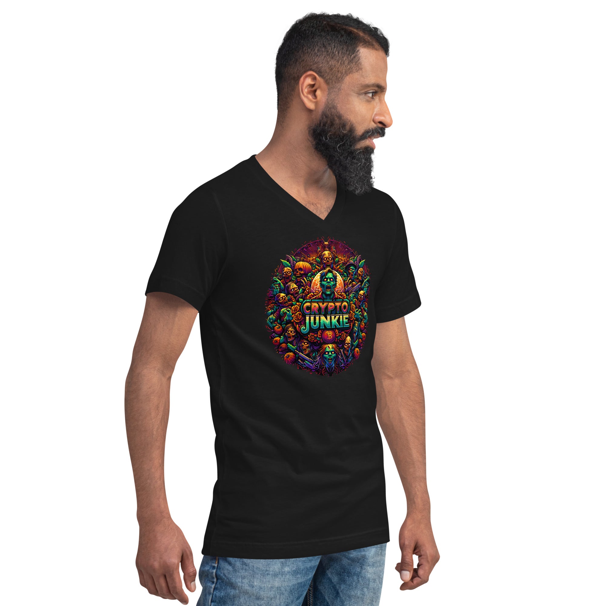 Crypto Junkie Bitcoin Selling Zombie Horde Short Sleeve V-Neck T-Shirt