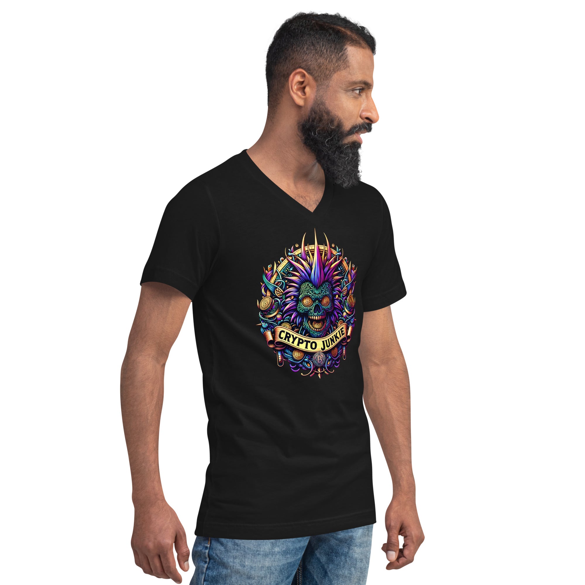 Bitcoin Punk Rock Skull Crypto Junkie Digital Asset Short Sleeve V-Neck T-Shirt