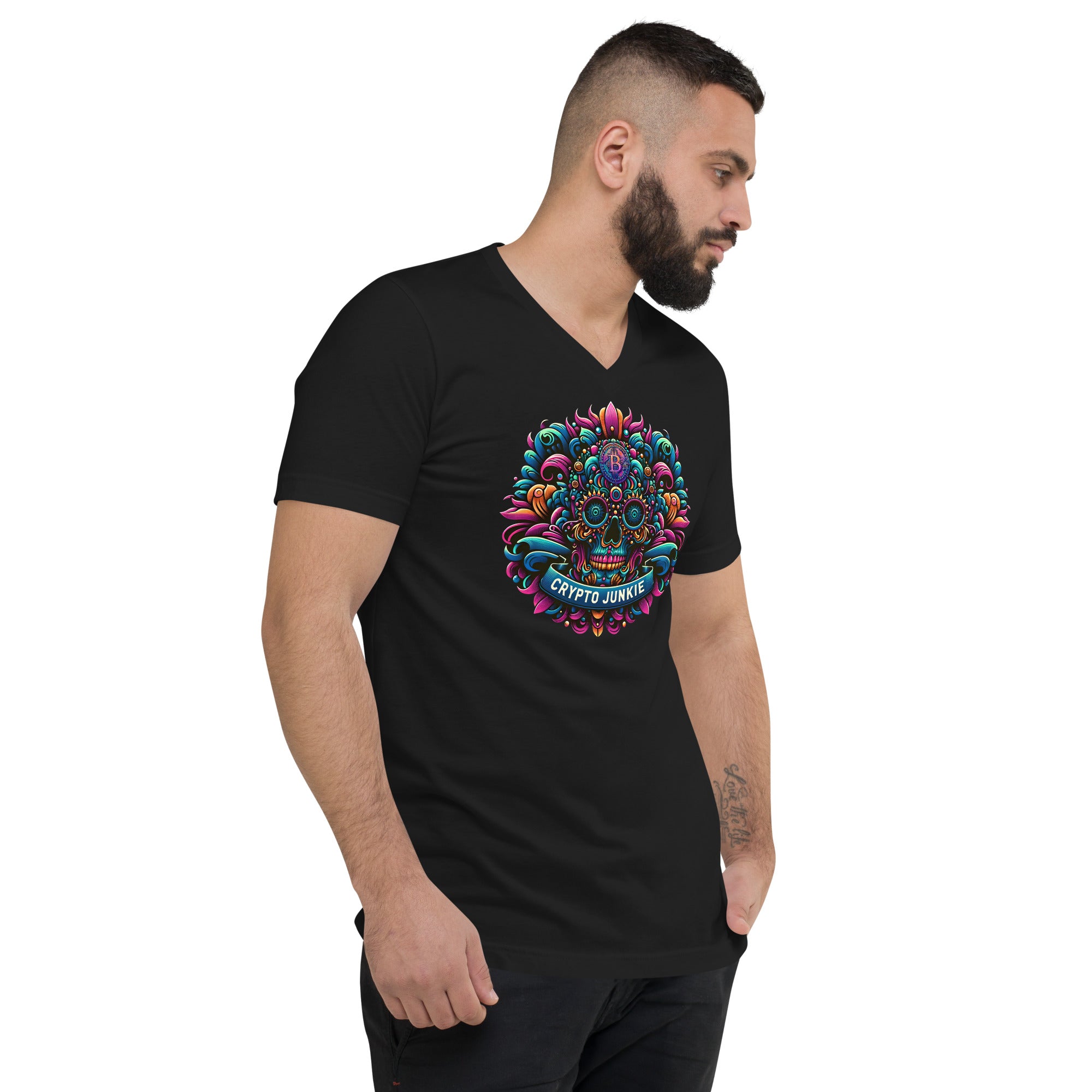 Crypto Junkie Mexican Sugar Skull Bitcoin Digital Asset Short Sleeve V-Neck T-Shirt