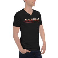 Samurai Wordmark design on unisex V-neck shirt, right-front view