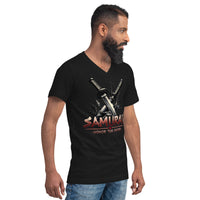 Splash Katana Swords design on unisex V-neck shirt, right-front view