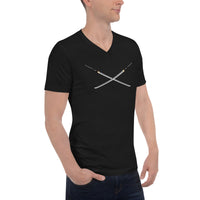 Dual Samurai Swords design on unisex V-neck shirt, right-front view
