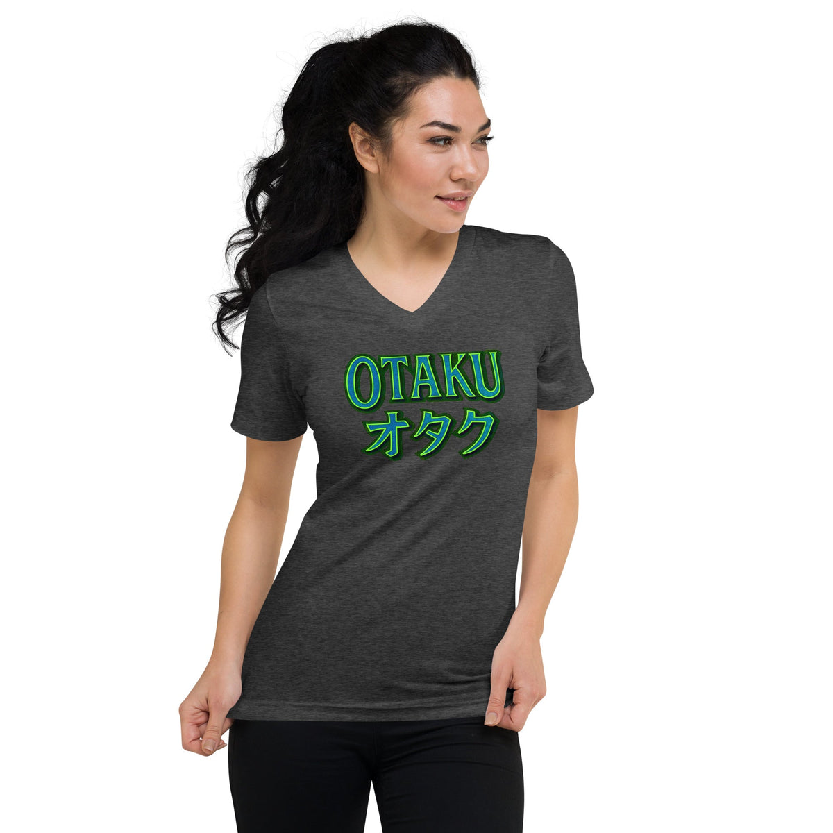 Otaku オタク design on unisex V-neck shirt, front view