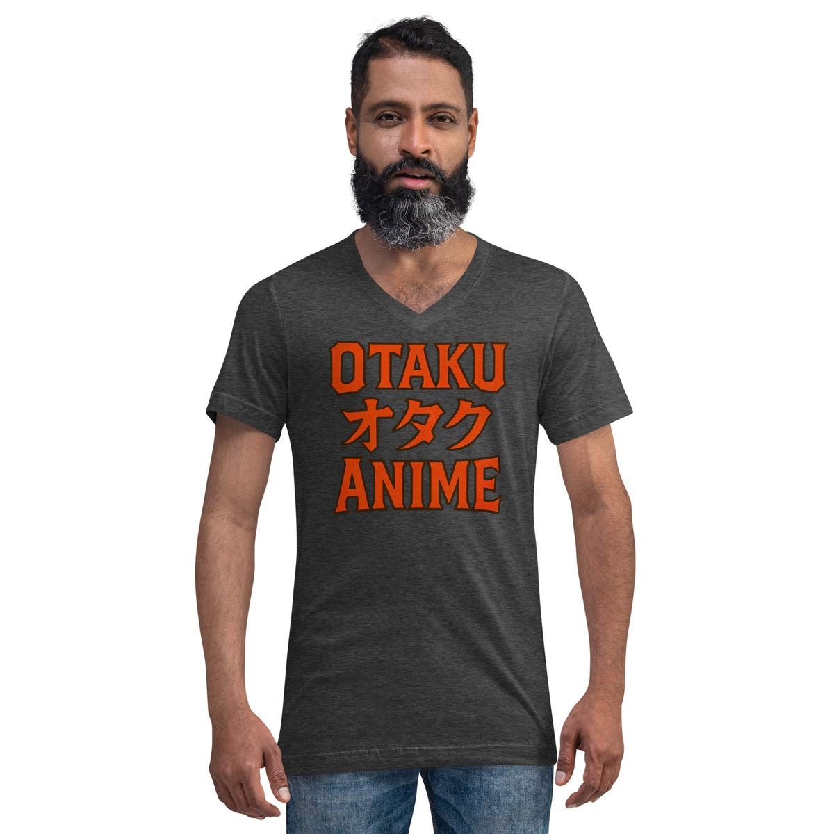 Otaku オタク Anime design on unisex V-neck shirt, front view