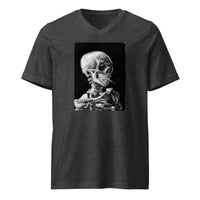 Skeleton Smoking Van Gogh design on unisex V-neck shirt, front view