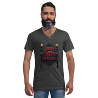 Dark Truth Revealed design on unisex V-neck shirt, front view
