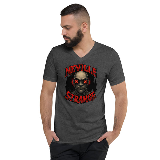 Neville Strange Future Corpses design on unisex V-neck shirt, front view