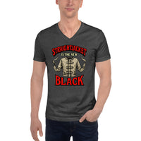 Straightjacket Is the New Black design on unisex V-neck shirt, front view