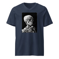 Skeleton Smoking Van Gogh design on unisex V-neck shirt, front view