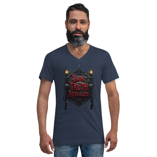 Dark Truth Revealed design on unisex V-neck shirt, front view