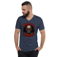 Neville Strange Future Corpses design on unisex V-neck shirt, front view