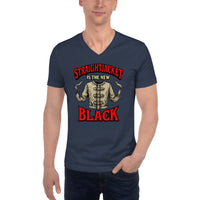 Straightjacket Is the New Black design on unisex V-neck shirt, front view