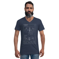 Bat Skeleton Blueprint design on unisex V-neck shirt, front view