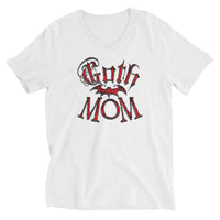Red Goth Mom Bat design on unisex V-neck shirt, front view
