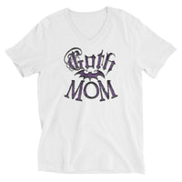 Purple Goth Mom Bat design on unisex V-neck shirt, front view