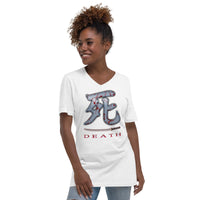 Death Kanji 死 Bloody Sword design on unisex V-neck shirt, front view
