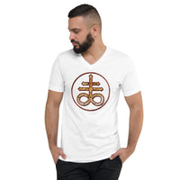 Withered Leviathan Cross design on unisex V-neck shirt, front view