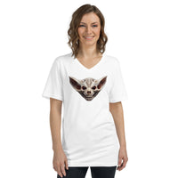 Grinning Bat Skull design on unisex V-neck shirt, front view