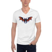 Whimsical Vampire Bat Skeleton design on unisex V-neck shirt, front view