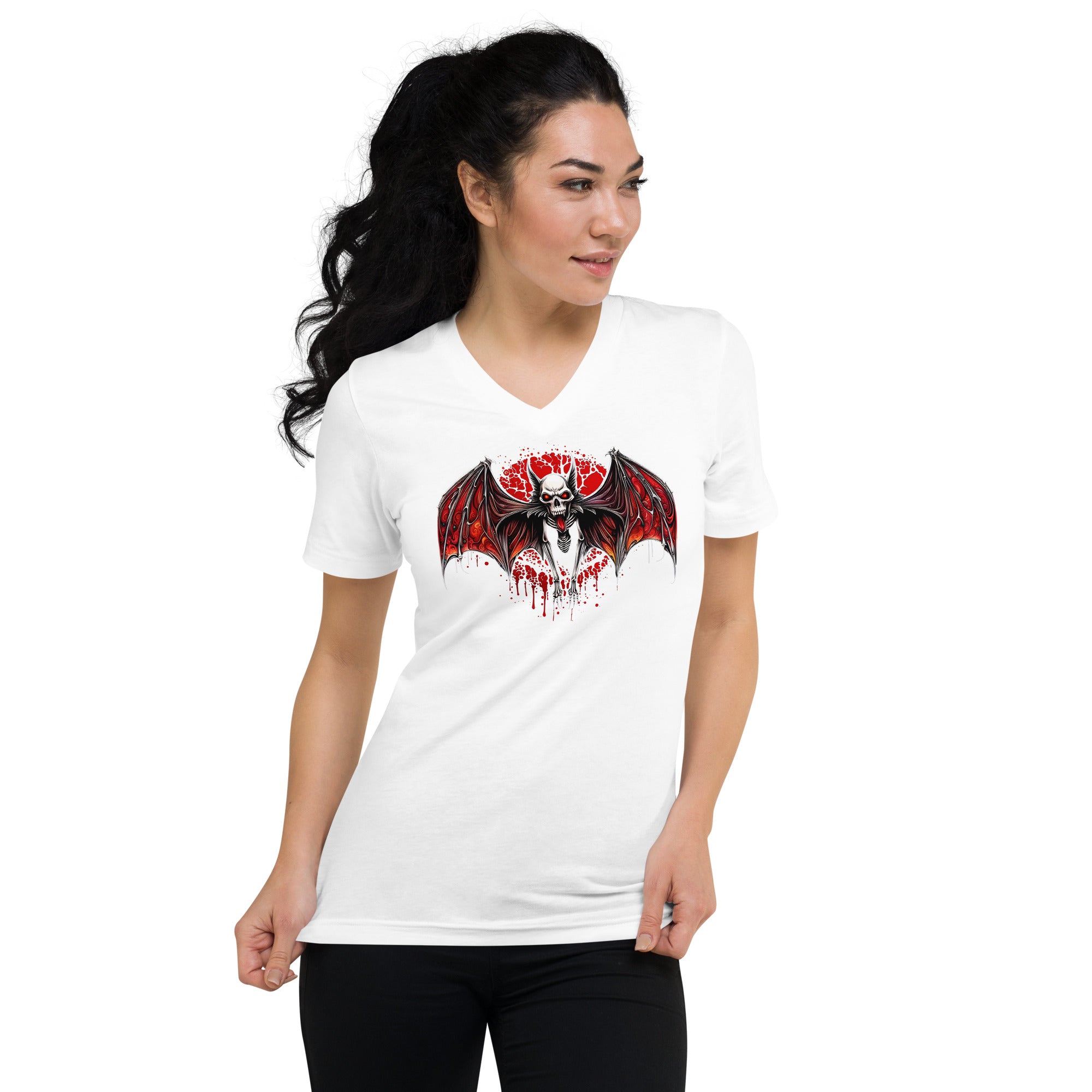 Blood Moon Demon Vampire Bat Halloween Short Sleeve V-Neck T-Shirt