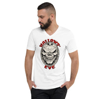 Grinning Skull Pumpkin design on unisex V-neck shirt, front view