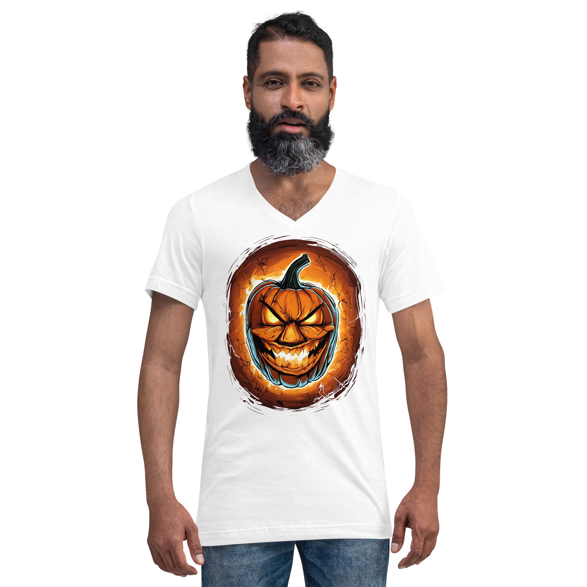 Halloween Fire Pumpkin Jack O Lantern Season Short Sleeve V-Neck T-Shirt