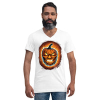 Fire Jack O' Lantern design on unisex V-neck shirt, front view