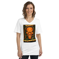 Happy Halloween Evil Pumpkin design on unisex V-neck shirt, front view
