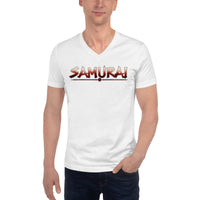 Samurai Wordmark design on unisex V-neck shirt, front view