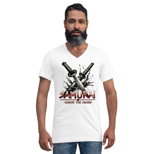 Splash Katana Swords design on unisex V-neck shirt, front view