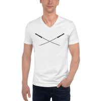 Dual Samurai Swords design on unisex V-neck shirt, front view