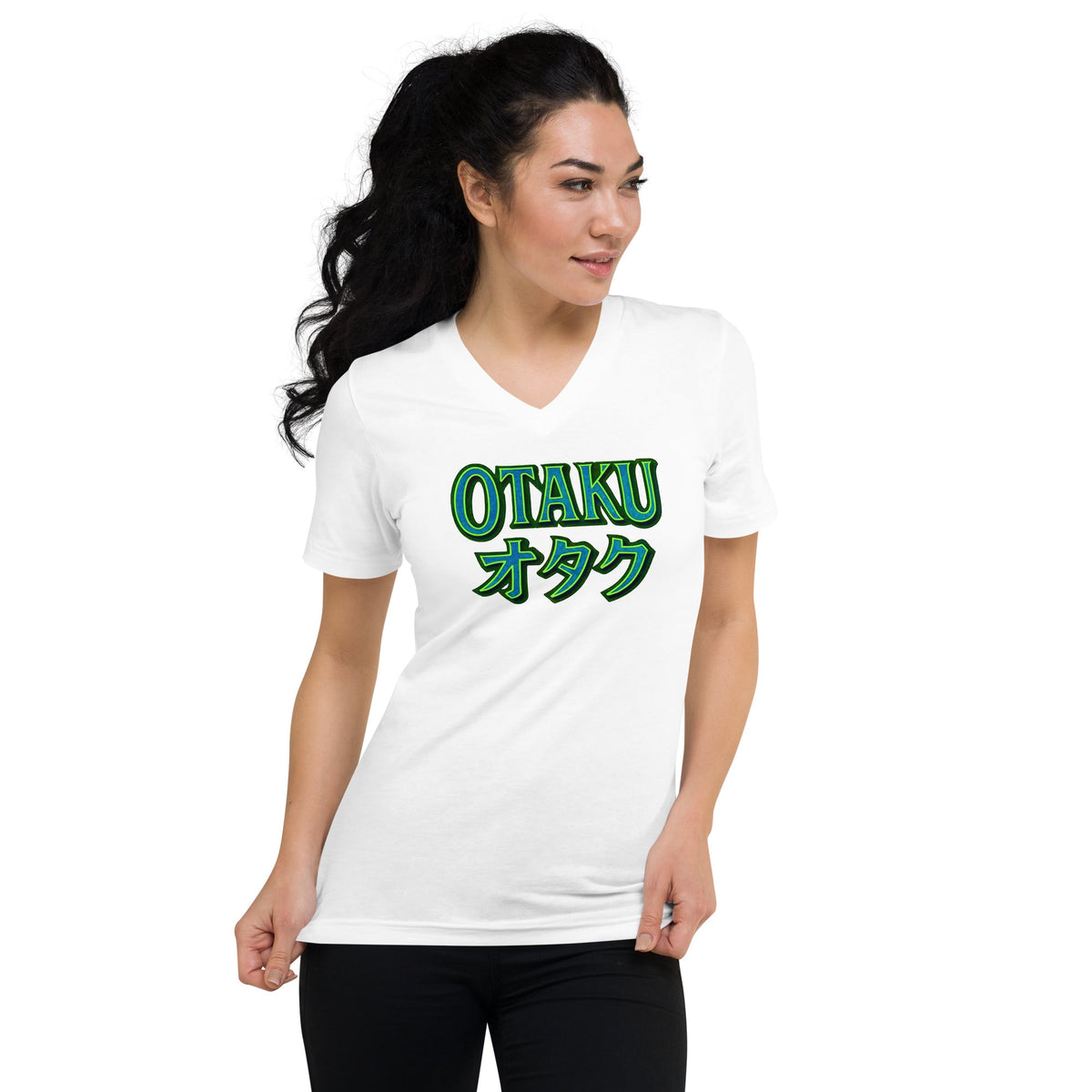 Otaku オタク design on unisex V-neck shirt, front view