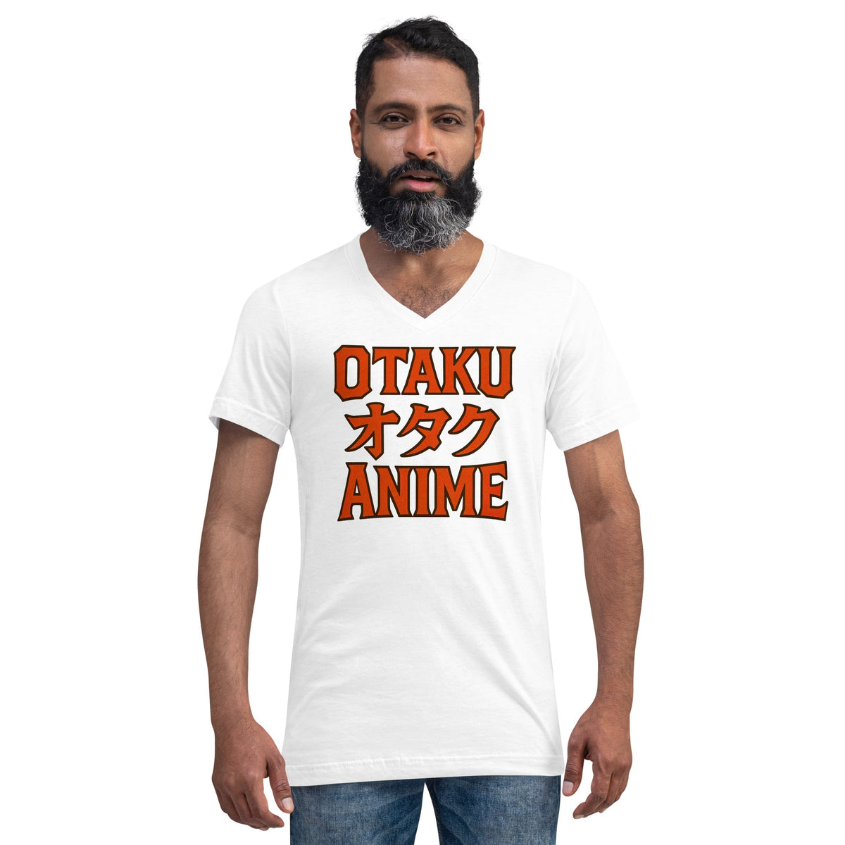 Otaku オタク Anime design on unisex V-neck shirt, front view