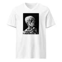 Skeleton Smoking Van Gogh design on unisex V-neck shirt, front view